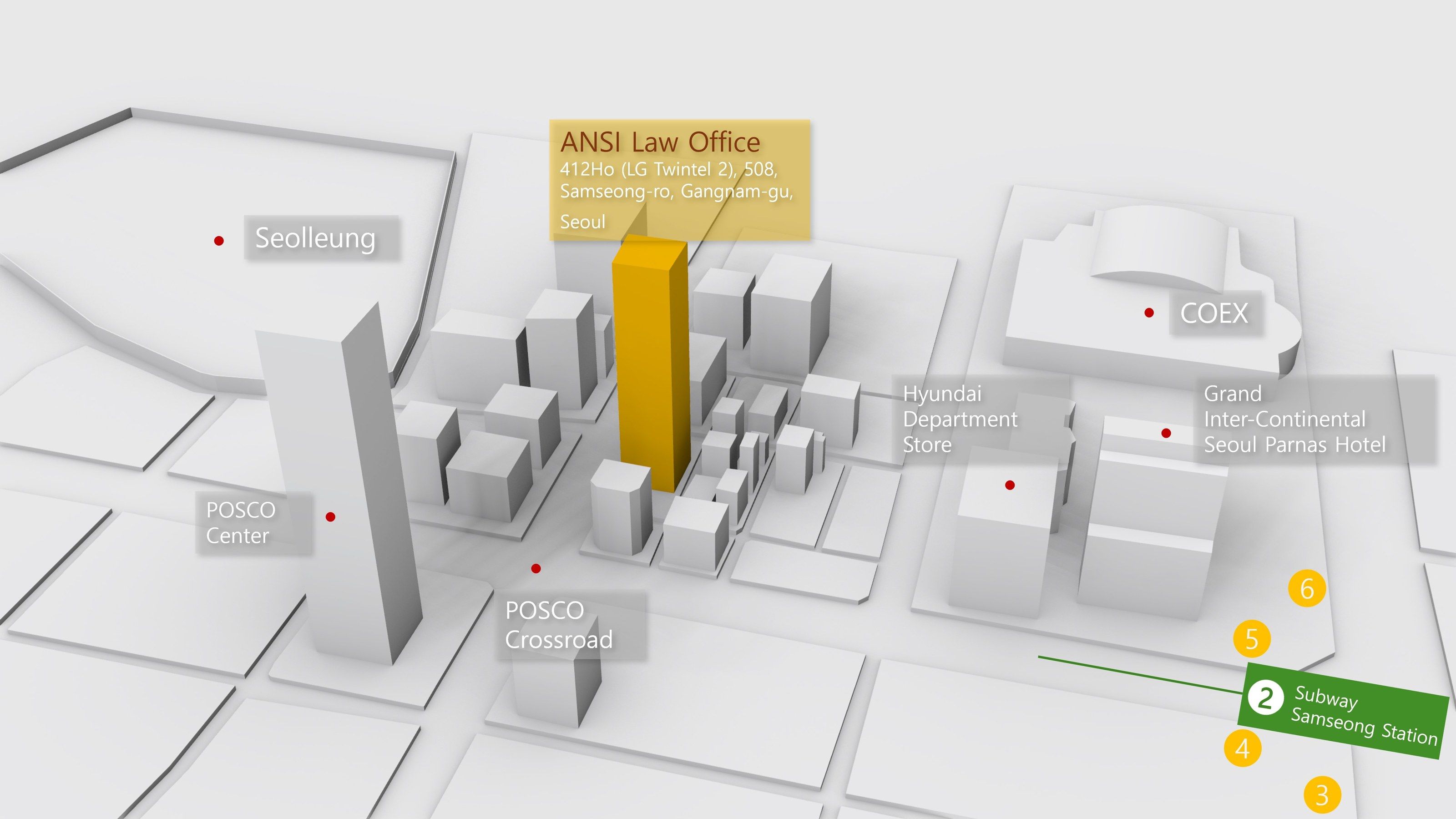 Map of the area around Samseong Station showing ANSI Law Office in LG Twintel 2, near POSCO Center, COEX and the Grand InterContinental Seoul Parnas hotel